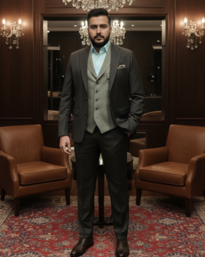 Olive Three-Piece Suit with Mint Shirt and Checkered Waistcoat
