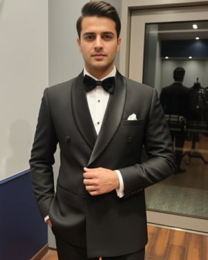 Classic Black Double-Breasted Tuxedo with Velvet Bow Tie