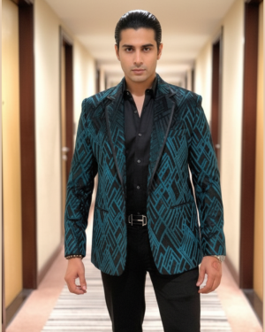 Teal Patterned Velvet Blazer with Satin Detailing