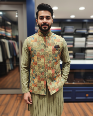 Olive Kurta Set with Nehru Jacket