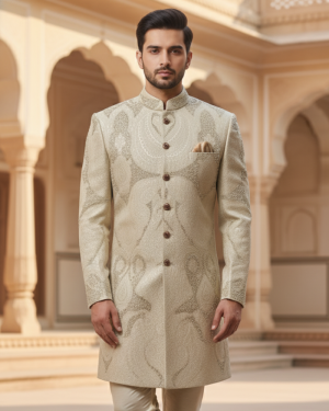 Ivory Embroidered Sherwani Set with Silk Churidar