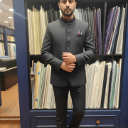 Charcoal Textured Bandhgala Suit with Contrast Pocket Square