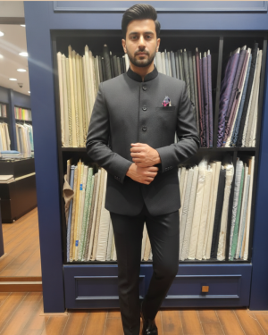 Charcoal Textured Bandhgala Suit with Contrast Pocket Square