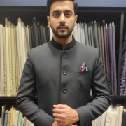 Charcoal Textured Bandhgala Suit with Contrast Pocket Square