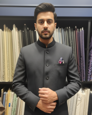 Charcoal Textured Bandhgala Suit with Contrast Pocket Square