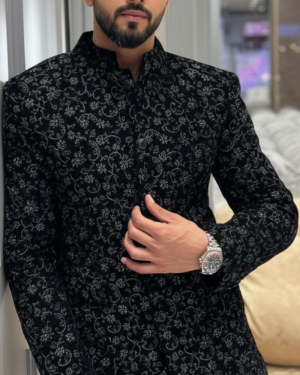 Black Velvet Embroidered Bandhgala Suit