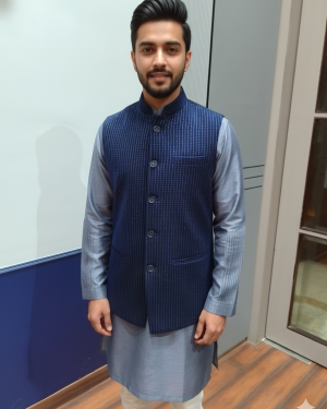 Midnight Blue Textured Nehru Jacket with Steel Grey Kurta Set