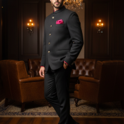 Textured Black Bandhgala with Fuchsia Accents