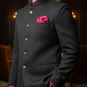 Textured Black Bandhgala with Fuchsia Accents