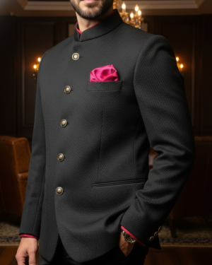 Textured Black Bandhgala with Fuchsia Accents