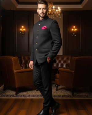 Textured Black Bandhgala with Fuchsia Accents