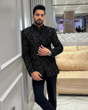 Black Velvet Embroidered Bandhgala Suit