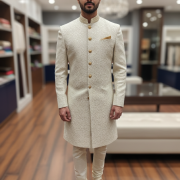 Ivory Textured Sherwani with Beaded Collar
