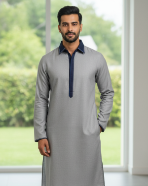 Grey Classic Kurta with Contrast Detailing