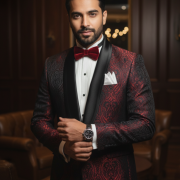 Crimson Jacquard Tuxedo with Satin Lapel