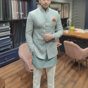 Powder Blue Brocade Bandhgala Indo-Western Set