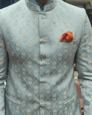 Powder Blue Brocade Bandhgala Indo-Western Set
