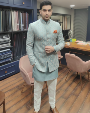 Powder Blue Brocade Bandhgala Indo-Western Set