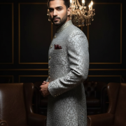 Silver Brocade Sherwani with Maroon Accents
