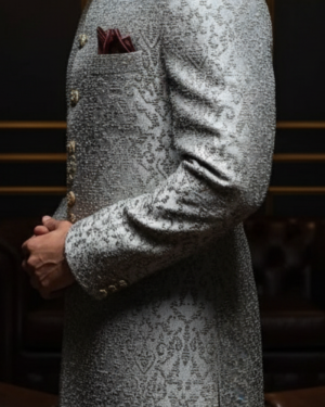 Silver Brocade Sherwani with Maroon Accents