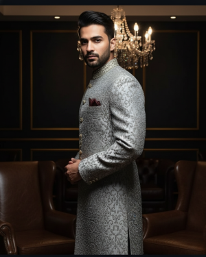 Silver Brocade Sherwani with Maroon Accents