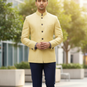Pastel Yellow Bandhgala Jacket with Contrast Cuff Detailing