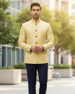 Pastel Yellow Bandhgala Jacket with Contrast Cuff Detailing