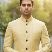 Pastel Yellow Bandhgala Jacket with Contrast Cuff Detailing