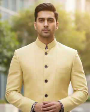 Pastel Yellow Bandhgala Jacket with Contrast Cuff Detailing