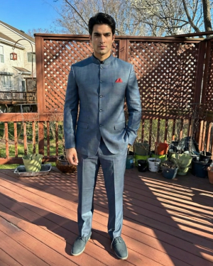 Steel Blue Indo-Western Bandhgala Suit