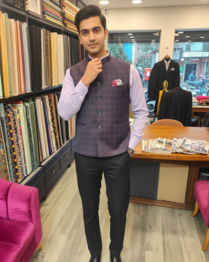 Plum Checked Indo-Western Bandhgala Waistcoat Set