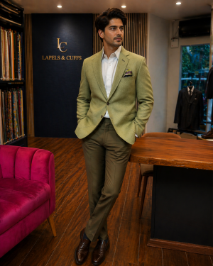 Sage Green Textured Blazer with Olive Trousers – Contemporary Suit Set