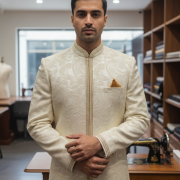 Ivory Textured Sherwani with Hand-Embroidered Detailing