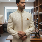 Ivory Textured Sherwani with Hand-Embroidered Detailing