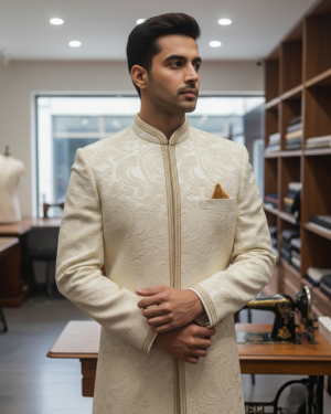 Ivory Textured Sherwani with Hand-Embroidered Detailing
