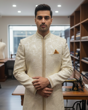 Ivory Textured Sherwani with Hand-Embroidered Detailing