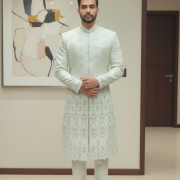 Mint Ivory Hand-Embroidered Sherwani