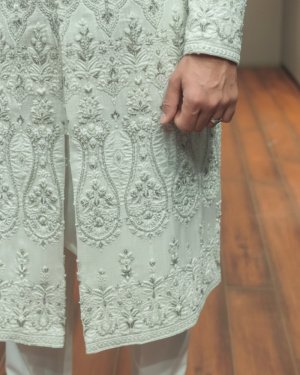 Mint Ivory Hand-Embroidered Sherwani