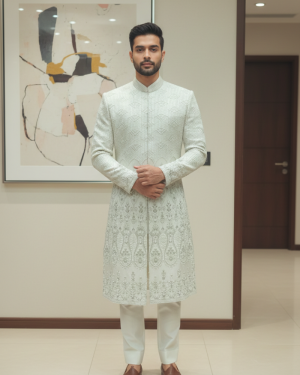 Mint Ivory Hand-Embroidered Sherwani