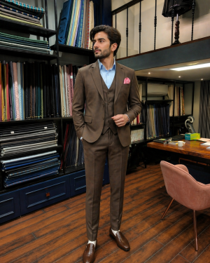 Chocolate Brown Three-Piece Suit with Satin Detailing
