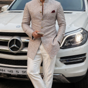 Beige Textured Indo-Western Sherwani with Subtle Embroidery