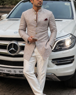 Beige Textured Indo-Western Sherwani with Subtle Embroidery