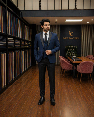 Midnight Blue Suit with Black Satin Peak Lapel