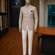 Beige Textured Indo-Western Sherwani with Subtle Embroidery