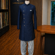 Navy Textured Sherwani with Draped Trouser Set