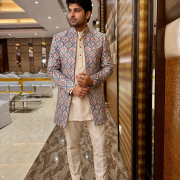 Ivory Printed Nehru Jacket Set with Intricate Motif Detailing