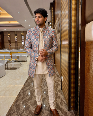 Ivory Printed Nehru Jacket Set with Intricate Motif Detailing