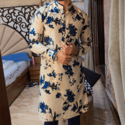 Ivory Floral Printed Kurta with Blue Accents
