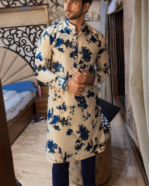 Ivory Floral Printed Kurta with Blue Accents