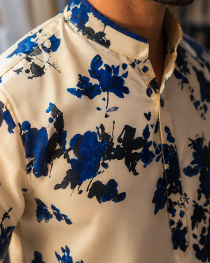Ivory Floral Printed Kurta with Blue Accents